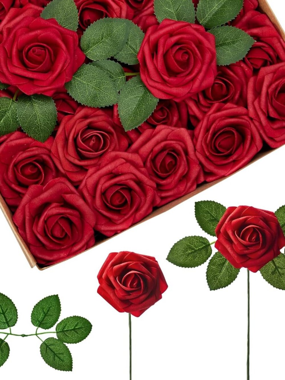 Fake Roses 50 Pcs Dark Red Flowers Artificial Faux Foam Floral